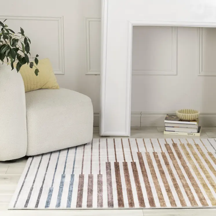 4' X 6' Beige Blue and Brown Striped Area Rug
