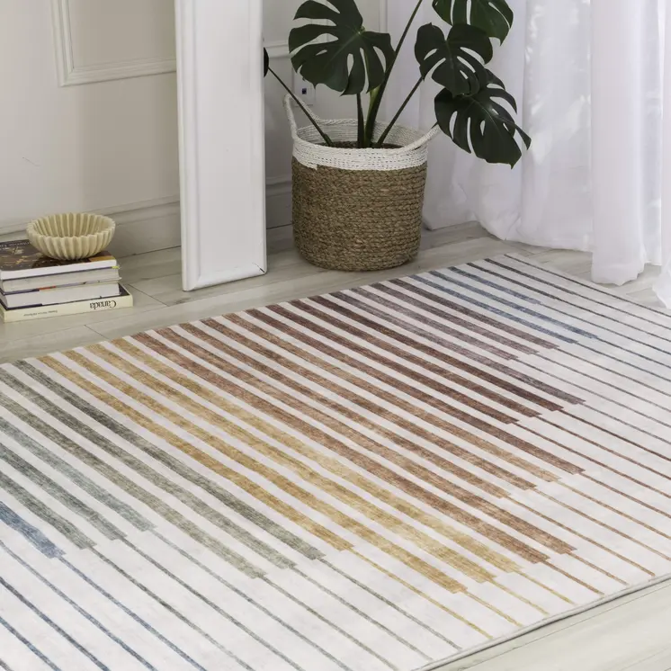4' X 6' Beige Blue and Brown Striped Area Rug
