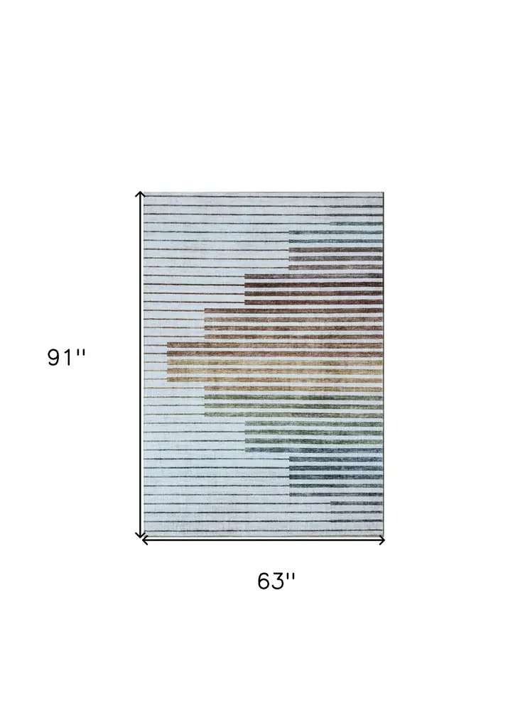 5' X 8' Beige Blue and Brown Striped Area Rug