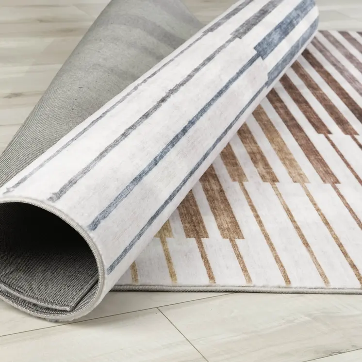 8' X 11' Beige Blue and Brown Striped Area Rug
