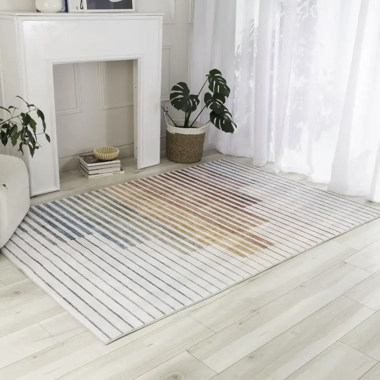 8' X 11' Beige Blue and Brown Striped Area Rug