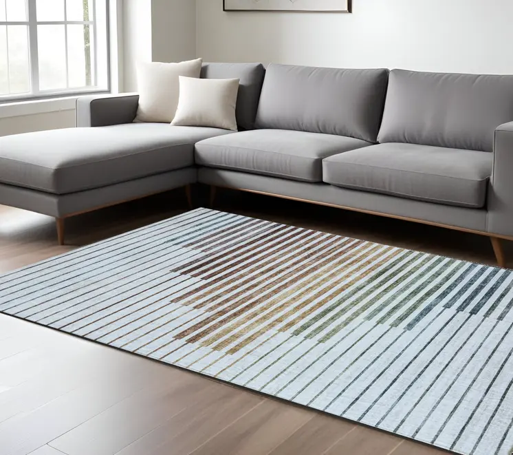 8' X 11' Beige Blue and Brown Striped Area Rug