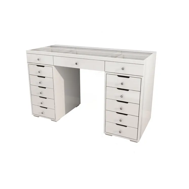 51" White Glass and Wood Vanity Table With Thirteen Drawers