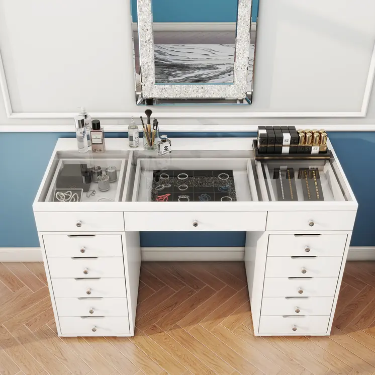 51" White Glass and Wood Vanity Table With Thirteen Drawers