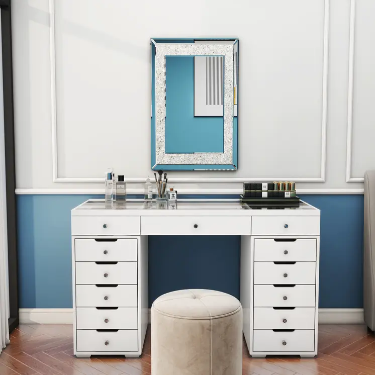 51" White Glass and Wood Vanity Table With Thirteen Drawers