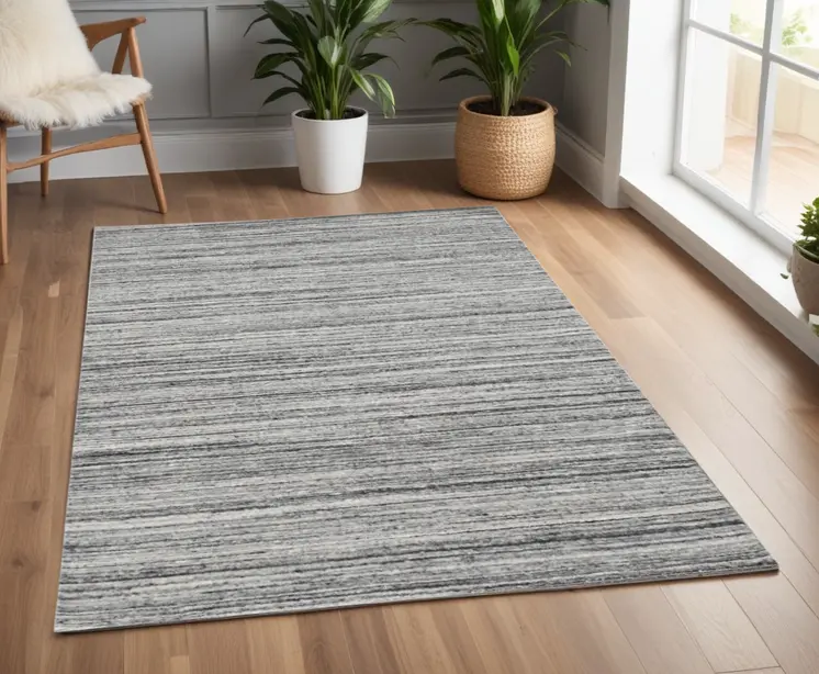 4' X 6' Ivory Gray And Black Wool Striped Hand Woven Area Rug