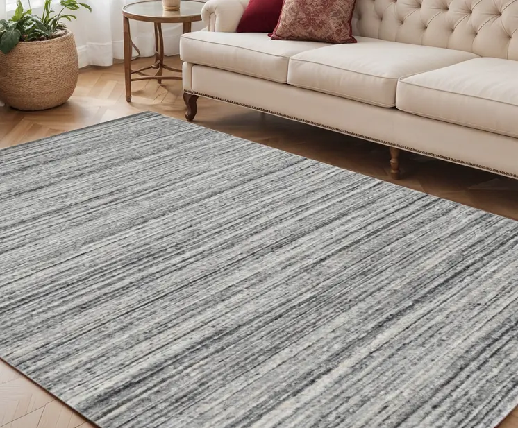 5' X 8' Ivory Gray And Black Wool Striped Hand Woven Area Rug
