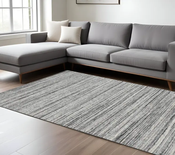 12' X 15' Ivory Gray And Black Wool Striped Hand Woven Area Rug