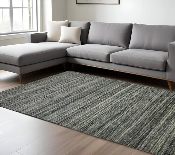 12' X 15' Gray And Black Wool Striped Hand Woven Area Rug