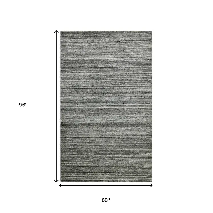 5' X 8' Dark Gray And Ivory Wool Striped Hand Woven Area Rug