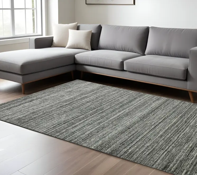 10' X 14' Dark Gray And Ivory Wool Striped Hand Woven Area Rug