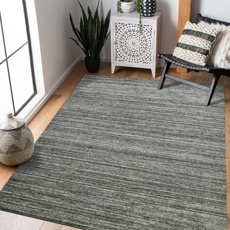 10' X 14' Dark Gray And Ivory Wool Striped Hand Woven Area Rug