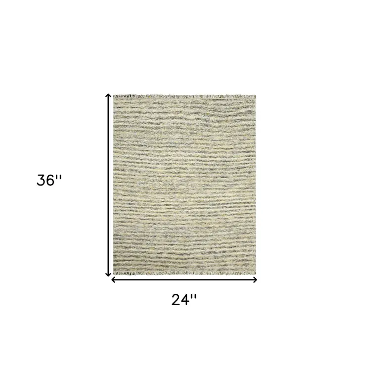 2' X 3' Gold Ivory And Gray Wool Striped Hand Woven Area Rug With Fringe