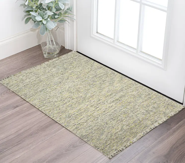 2' X 3' Gold Ivory And Gray Wool Striped Hand Woven Area Rug With Fringe