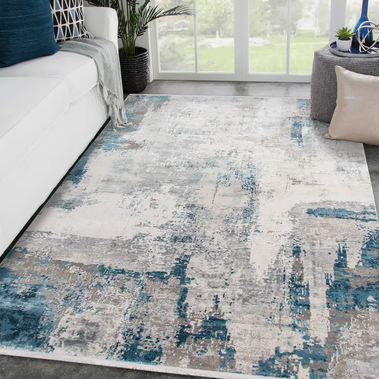 3' X 10' Gray Blue And Ivory Abstract Runner Rug With Fringe