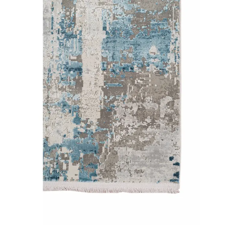 3' X 10' Gray Blue And Ivory Abstract Runner Rug With Fringe