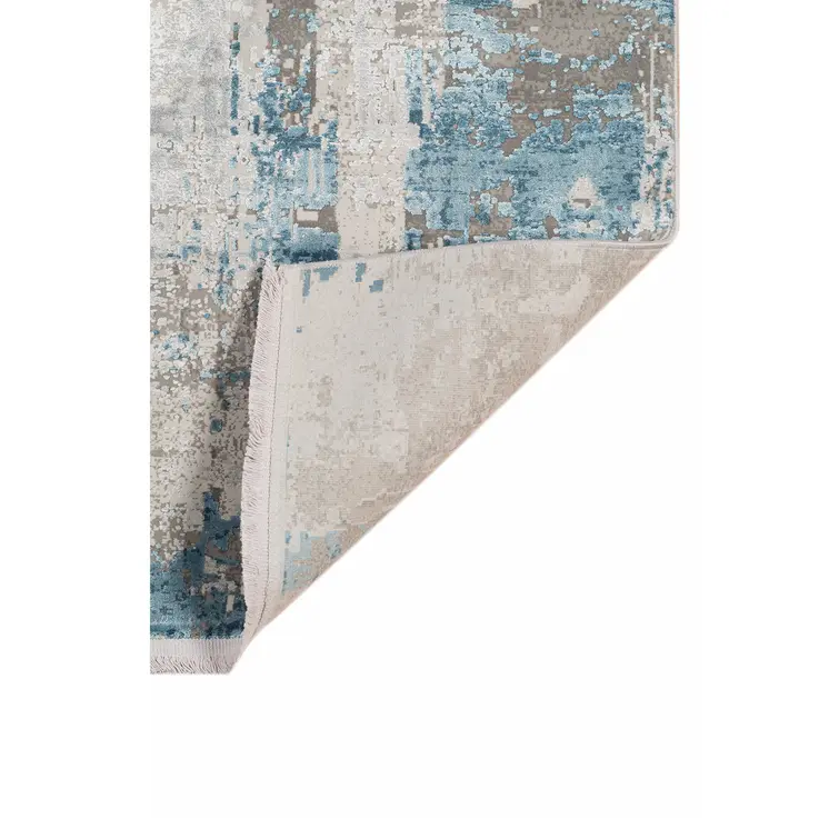 3' X 10' Gray Blue And Ivory Abstract Runner Rug With Fringe