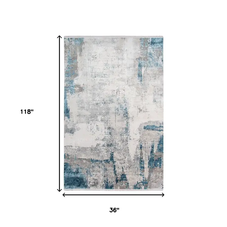 3' X 10' Gray Blue And Ivory Abstract Runner Rug With Fringe