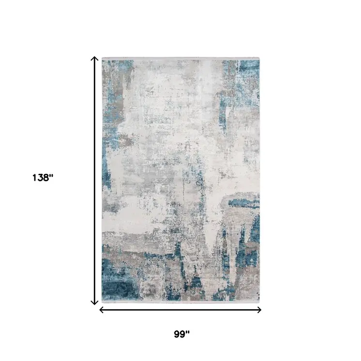 8' X 12' Gray Blue And Ivory Abstract Area Rug With Fringe