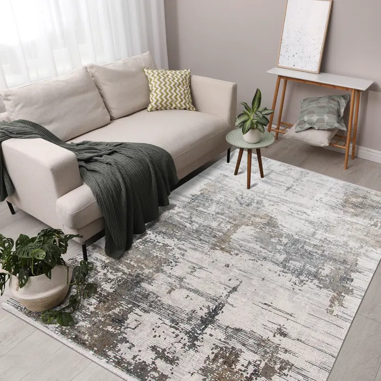 5' X 8' Ivory Gray And Brown Abstract Area Rug With Fringe