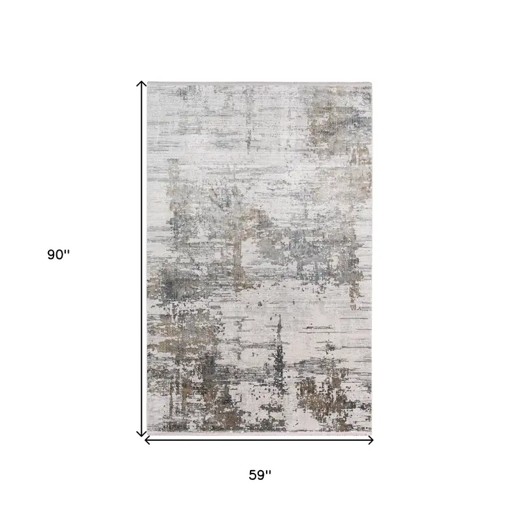 5' X 8' Ivory Gray And Brown Abstract Area Rug With Fringe