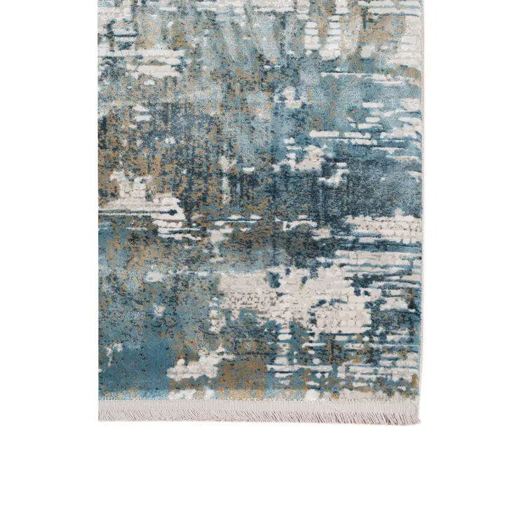 2' X 3' Ivory Blue And Brown Abstract Area Rug With Fringe