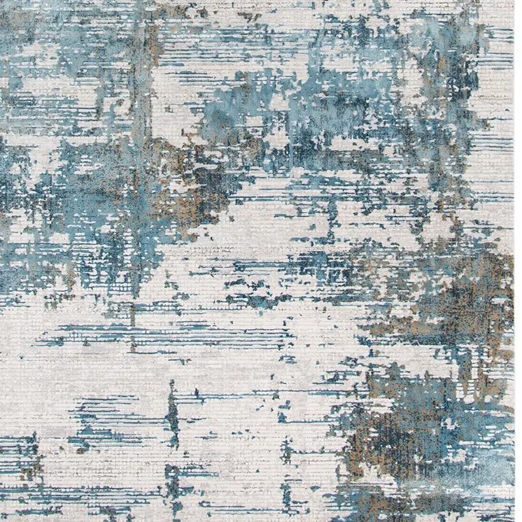 2' X 3' Ivory Blue And Brown Abstract Area Rug With Fringe