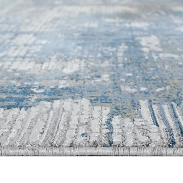 3' X 10' Ivory Blue And Brown Abstract Runner Rug With Fringe