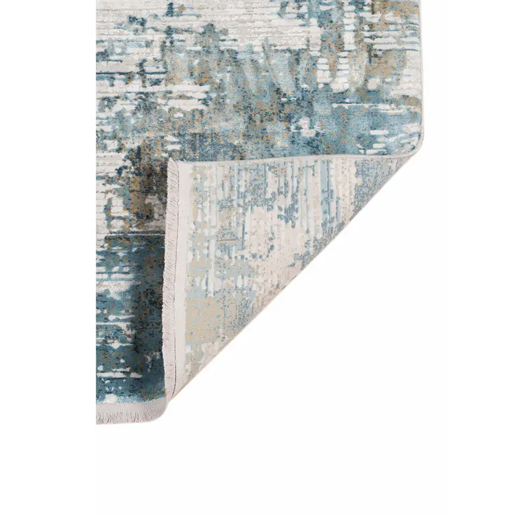 3' X 10' Ivory Blue And Brown Abstract Runner Rug With Fringe