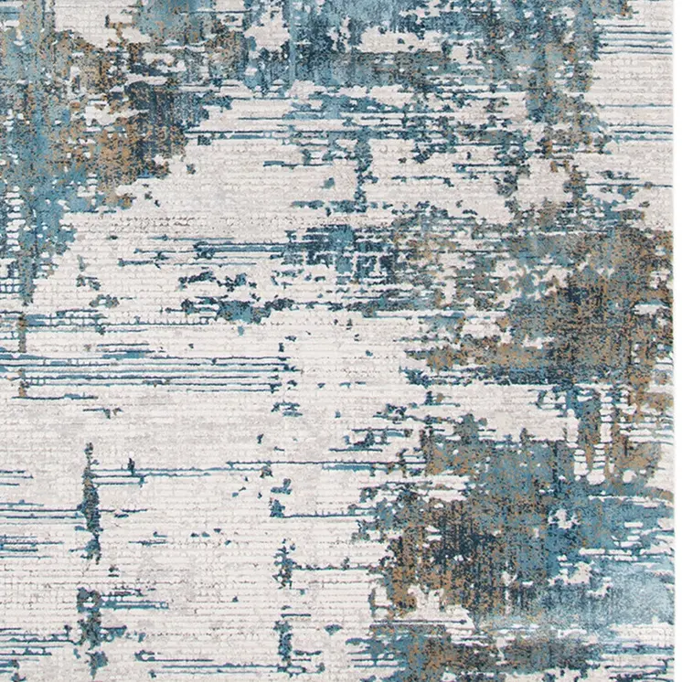 5' X 8' Ivory Blue And Brown Abstract Area Rug With Fringe
