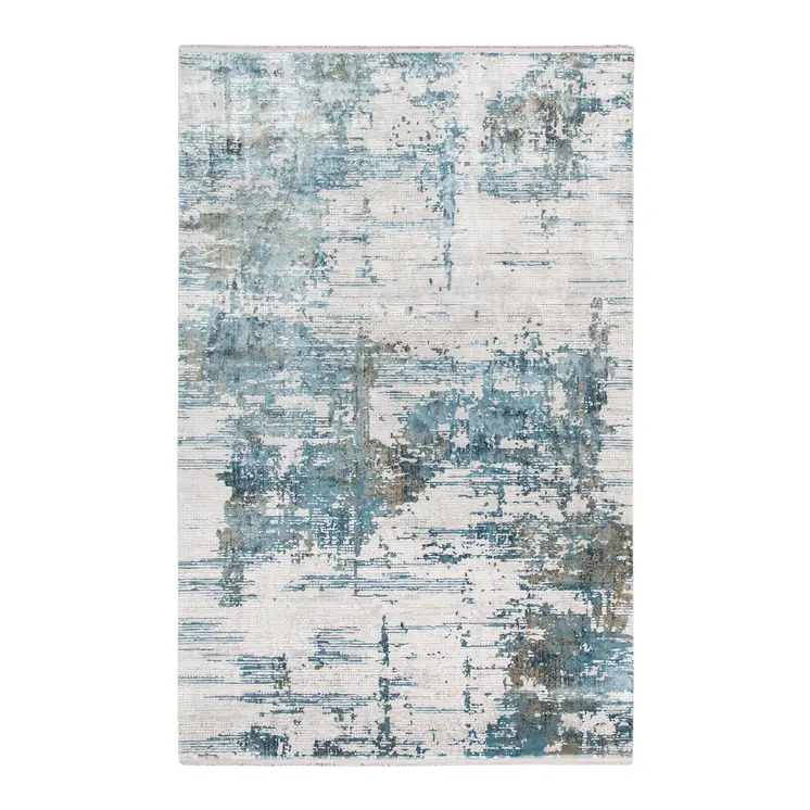 5' X 8' Ivory Blue And Brown Abstract Area Rug With Fringe
