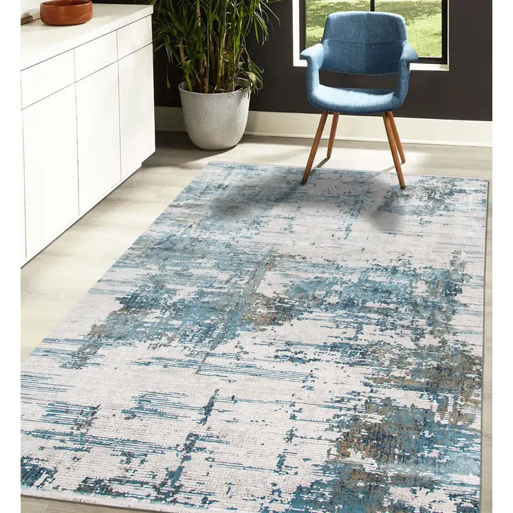 8' X 12' Ivory Blue And Brown Abstract Area Rug With Fringe