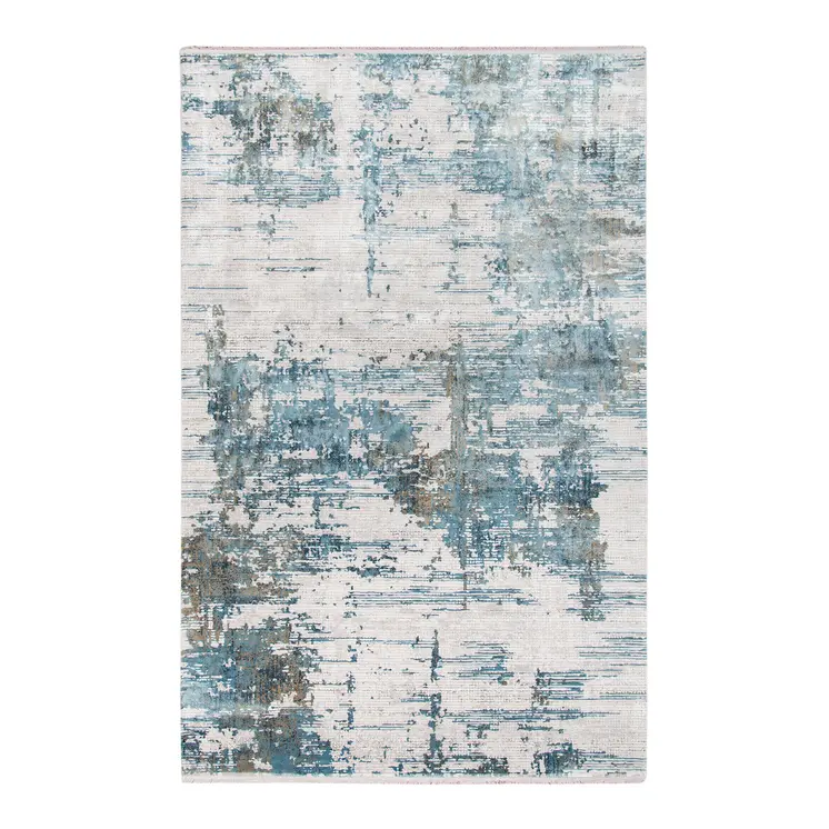 8' X 12' Ivory Blue And Brown Abstract Area Rug With Fringe