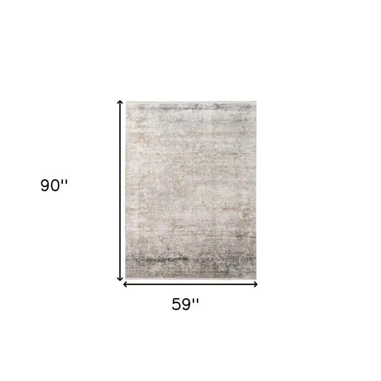 5' X 8' Gray Ivory And Brown Medallion Area Rug With Fringe