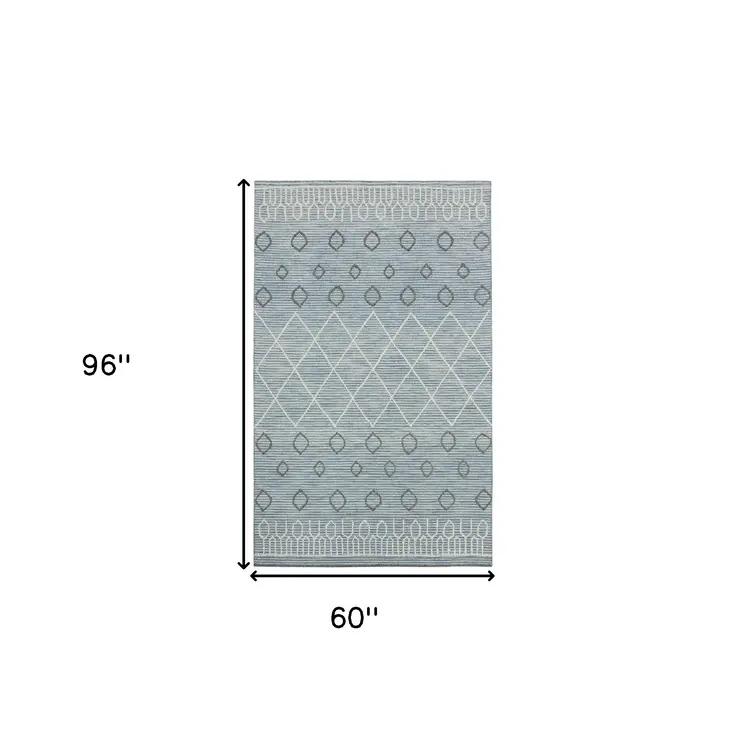 5' X 8' Blue Gray And Ivory Wool Geometric Hand Hooked Area Rug