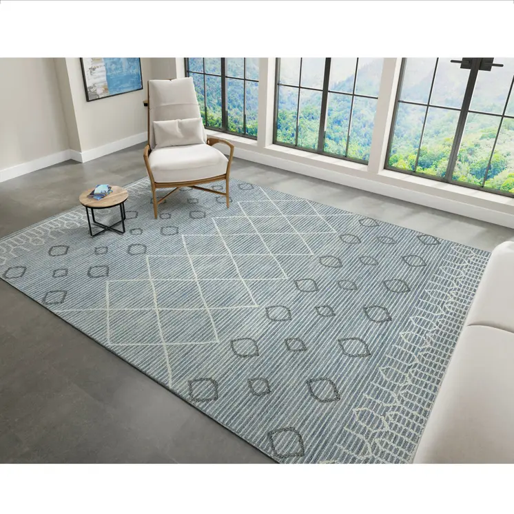 8' X 10' Blue Gray And Ivory Wool Geometric Hand Hooked Area Rug