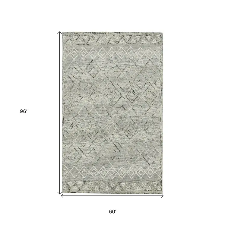 5' X 8' Gray Ivory And Black Wool Argyle Hand Hooked Area Rug