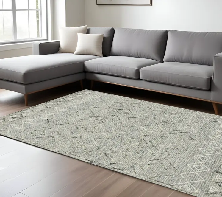 9' X 13' Gray Ivory And Black Wool Argyle Hand Hooked Area Rug