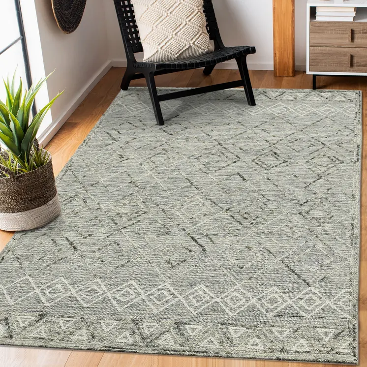 9' X 13' Gray Ivory And Black Wool Argyle Hand Hooked Area Rug