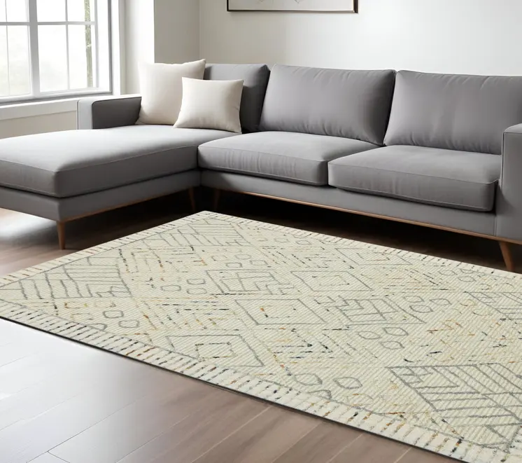 9' X 13' Ivory Gray And Rust Wool Southwestern Hand Hooked Area Rug