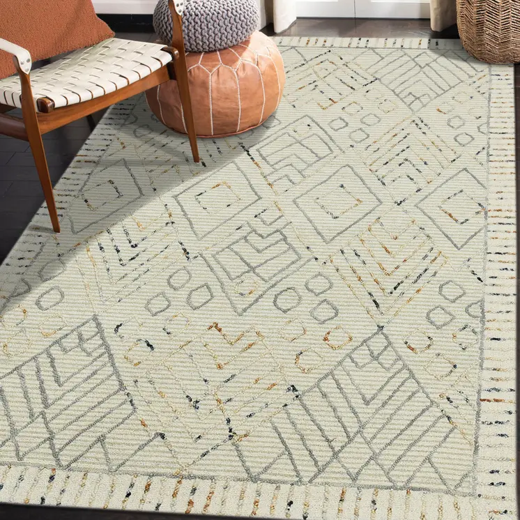 9' X 13' Ivory Gray And Rust Wool Southwestern Hand Hooked Area Rug