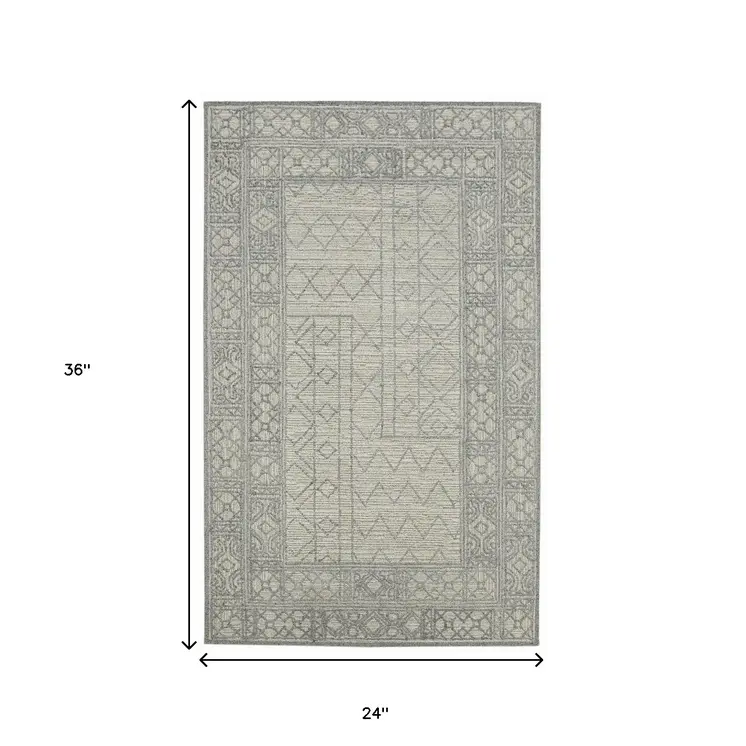 2' X 3' Gray And Ivory Wool Southwestern Hand Hooked Area Rug