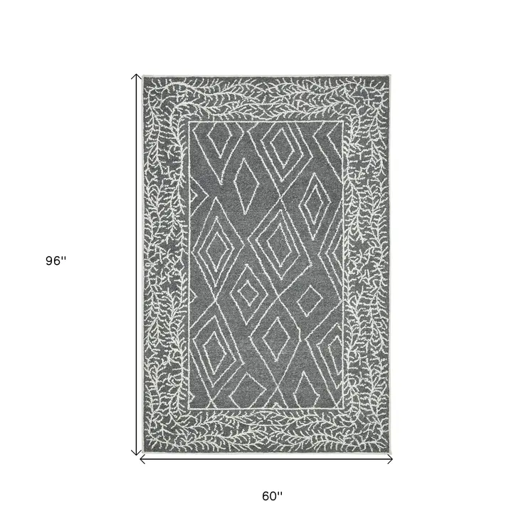 5' X 8' Gray And Ivory Wool Geometric Hand Hooked Area Rug