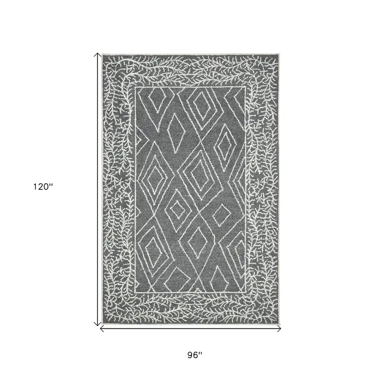 8' X 10' Gray And Ivory Wool Geometric Hand Hooked Area Rug