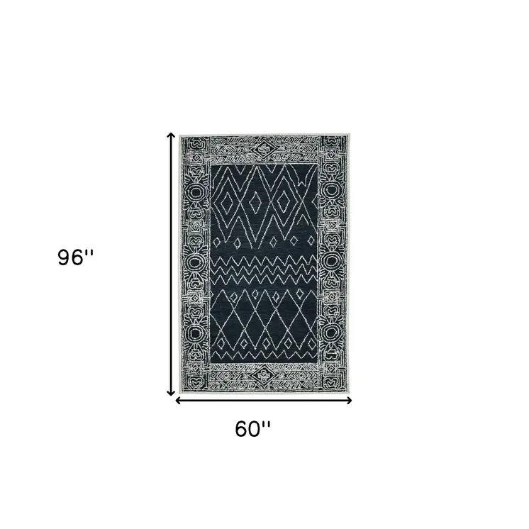 5' X 8' Charcoal And Ivory Wool Southwestern Hand Hooked Area Rug