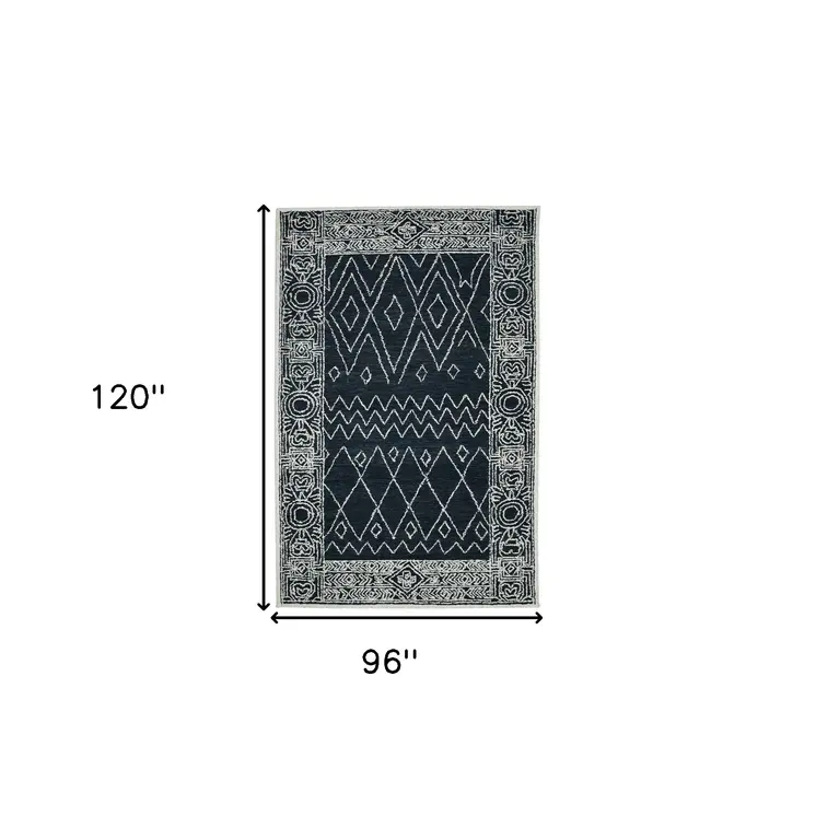 8' X 10' Charcoal And Ivory Wool Southwestern Hand Hooked Area Rug