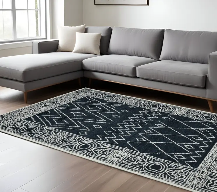 9' X 13' Charcoal And Ivory Wool Southwestern Hand Hooked Area Rug