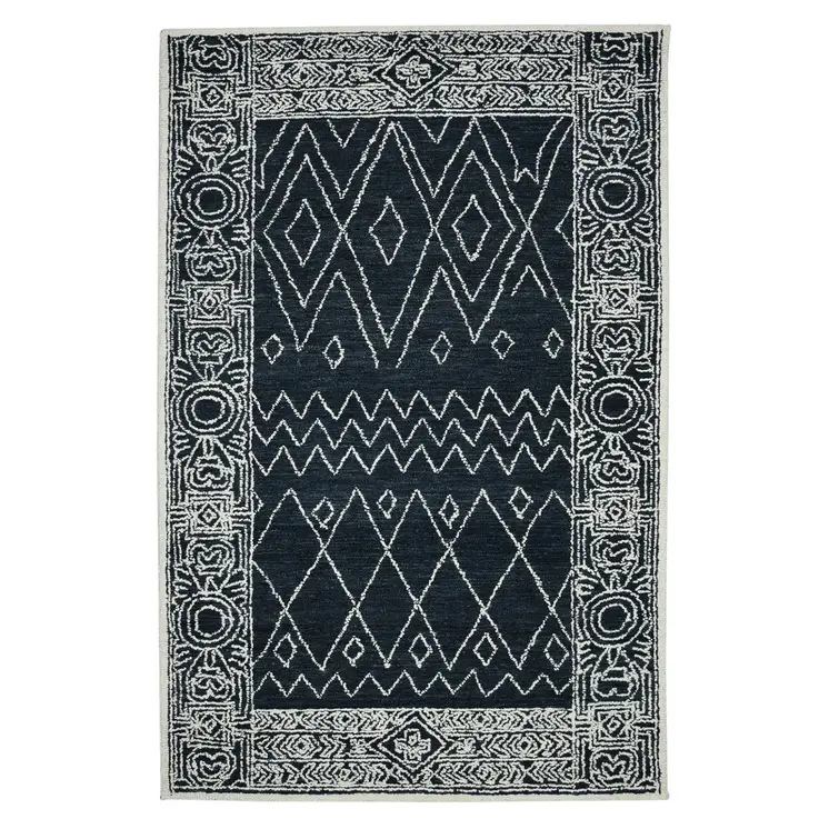 9' X 13' Charcoal And Ivory Wool Southwestern Hand Hooked Area Rug