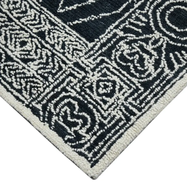 9' X 13' Charcoal And Ivory Wool Southwestern Hand Hooked Area Rug