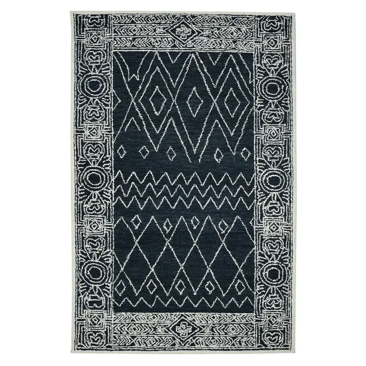 9' X 13' Charcoal And Ivory Wool Southwestern Hand Hooked Area Rug